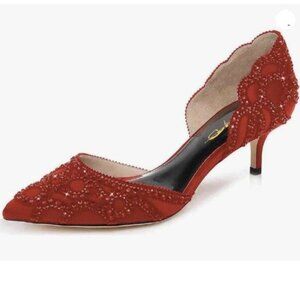 XYD Women's Pumps,Pointed Toe, D'Orsay Kitten Low Heels, Rhinestone Studs Red